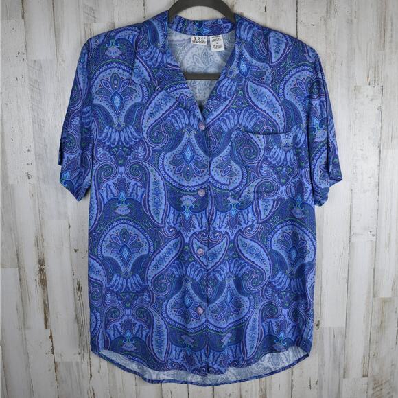 90's vintage blue paisley short sleeve button up blouse shirt top small medium - Picture 1 of 7